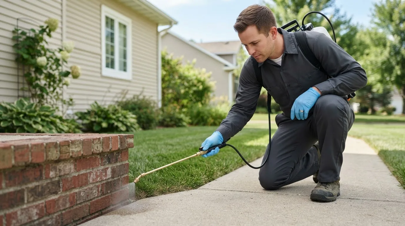 Pest control technician treating a home near Cleveland, NM